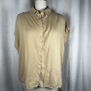 NEW! Quince Vintage Wash Tencel Camp Shirt Womens Large Light Khaki Button Front